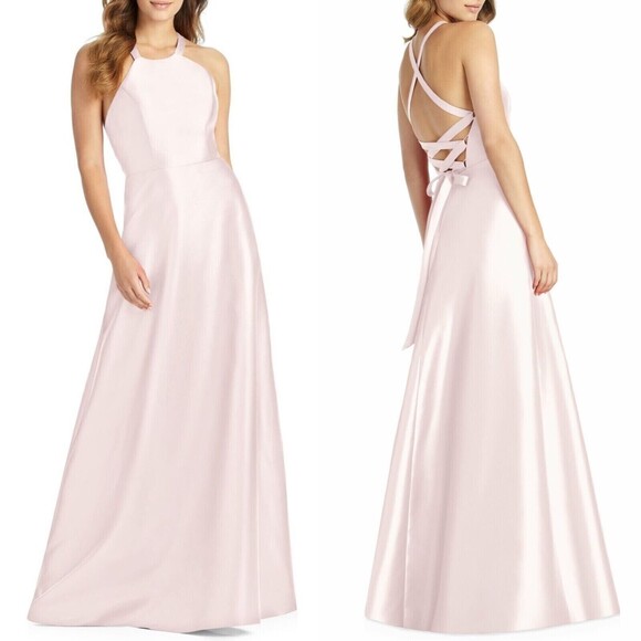 Alfred Sung Twill Strappy Criss Cross Back Gown 2 Twill Blush Pink Dress NWT B50 - Picture 1 of 6